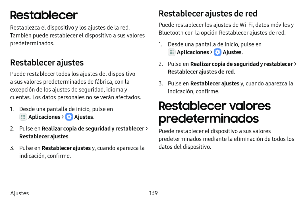 Restablecer ajustes Restablecer ajustes de red