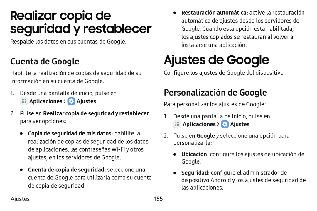 Personalización de Google Realizar copia de seguridad y restablecer