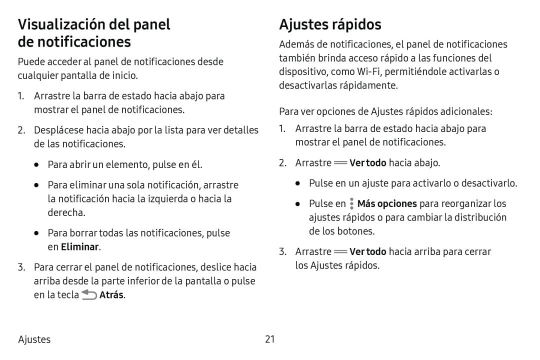 Visualización del panel de notificaciones Ajustes rápidos