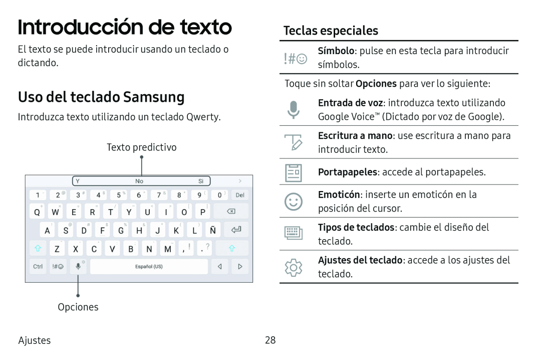 Teclas especiales Uso del teclado Samsung