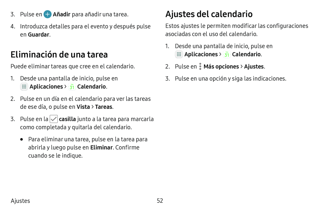 Eliminación de una tarea Ajustes del calendario