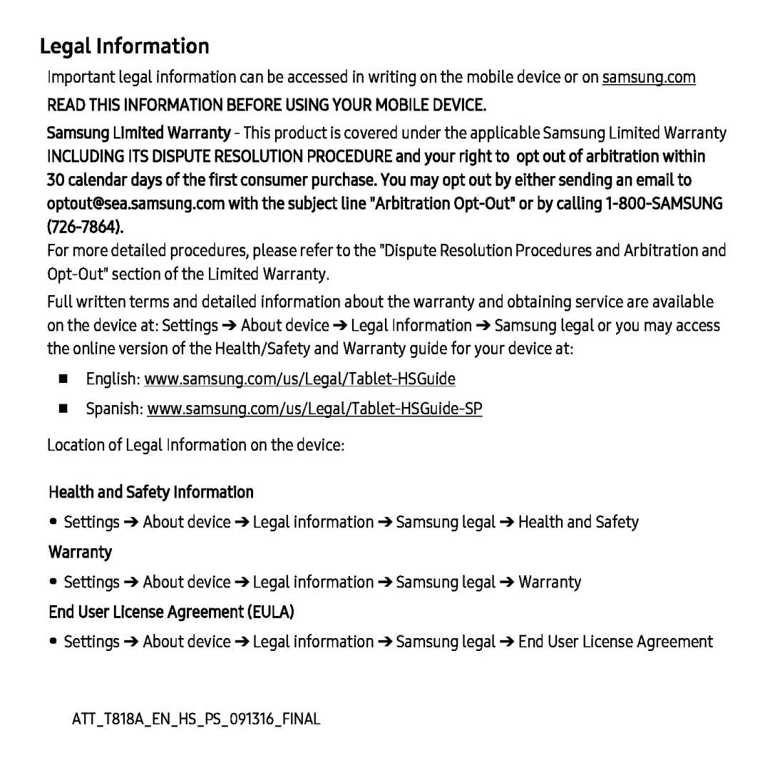 Legal Information Galaxy Tab S2 9.7 Refresh AT&T