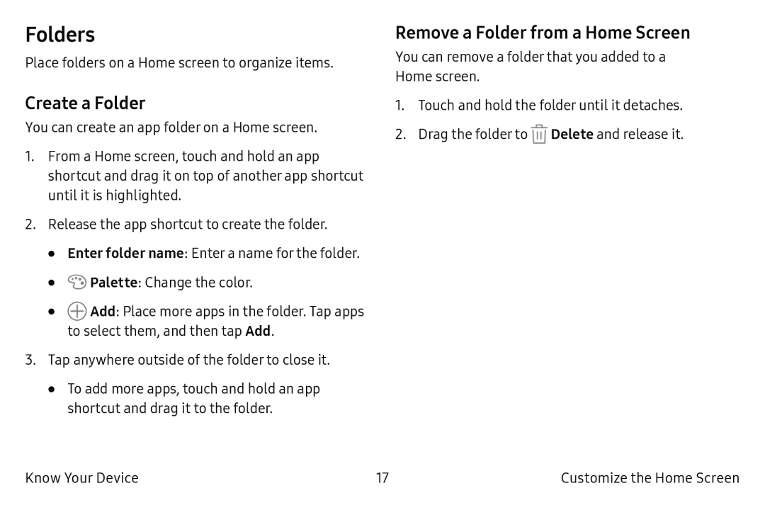 Create a Folder Remove a Folder from a Home Screen