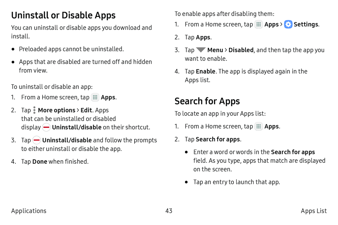 Uninstall or Disable Apps Search for Apps