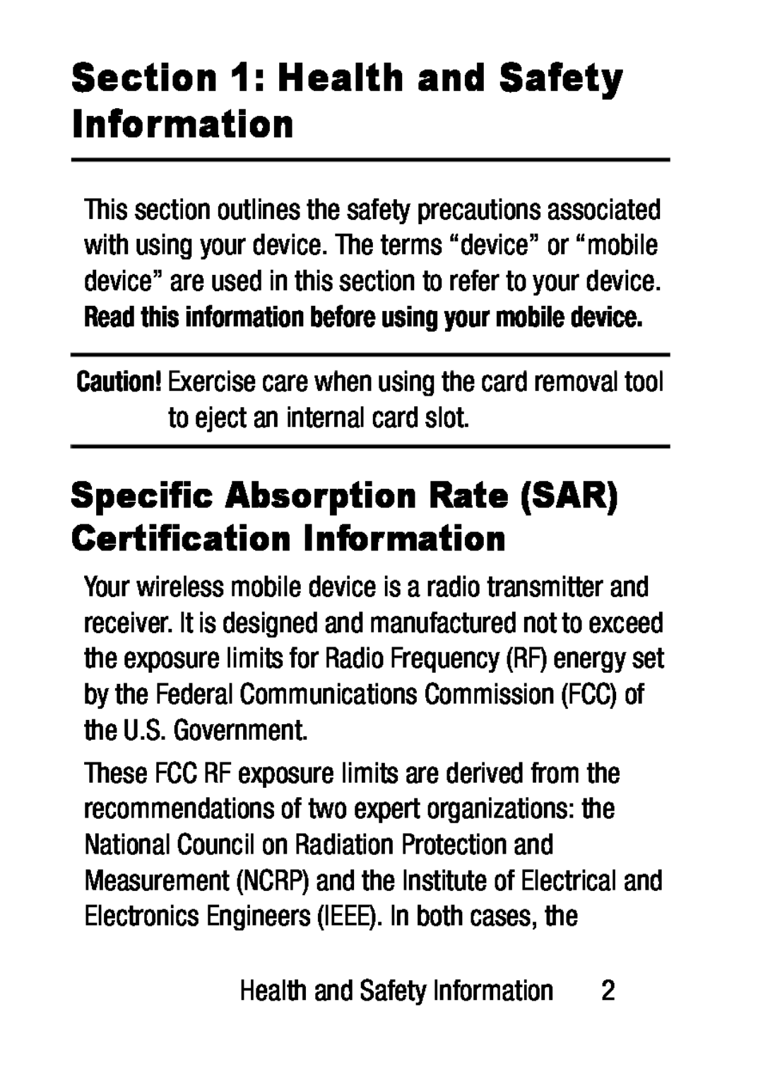 Specific Absorption Rate (SAR) Certification Information Section 1: Health and Safety Information