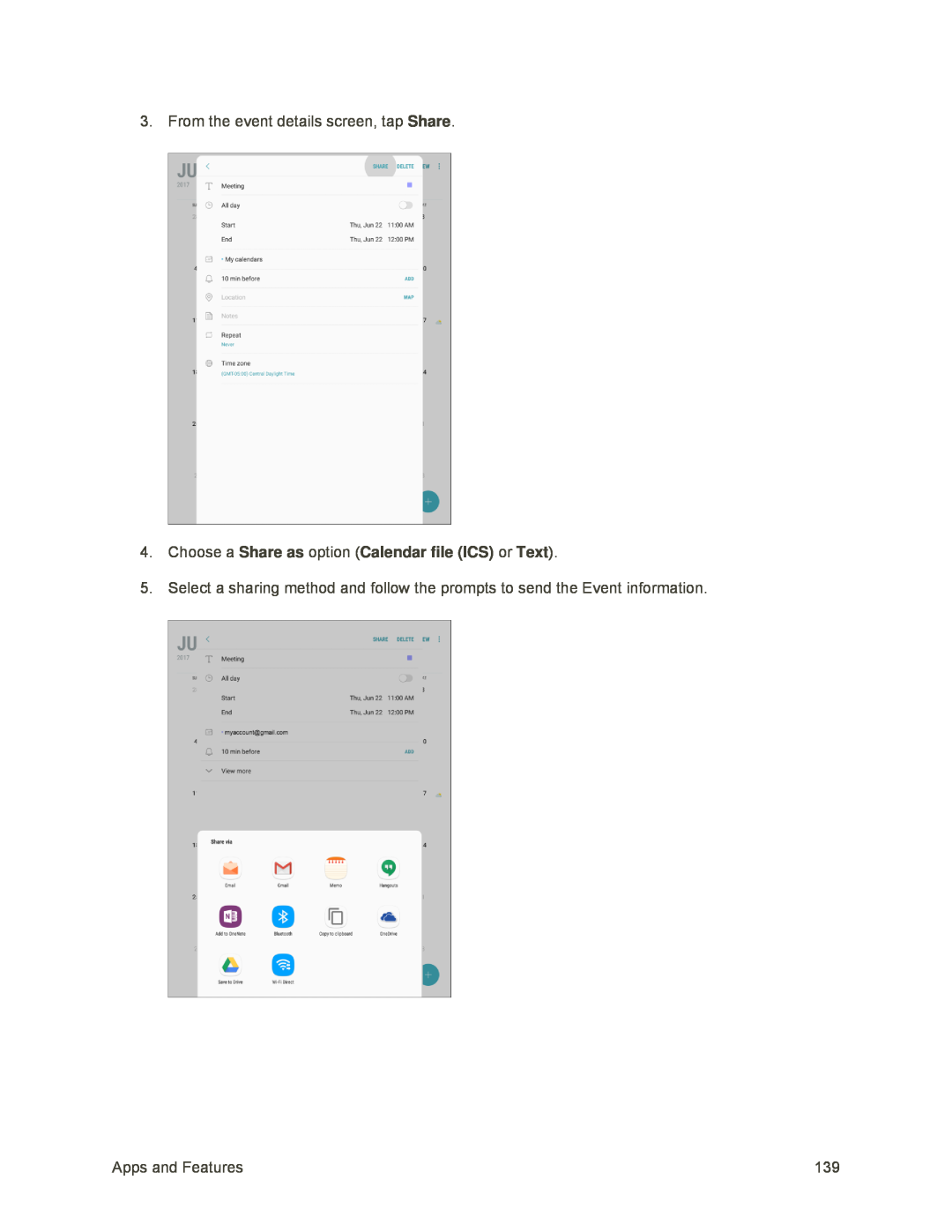 4.Choose a Share as option (Calendar file (ICS) or Text) Galaxy Tab S2 9.7 Sprint