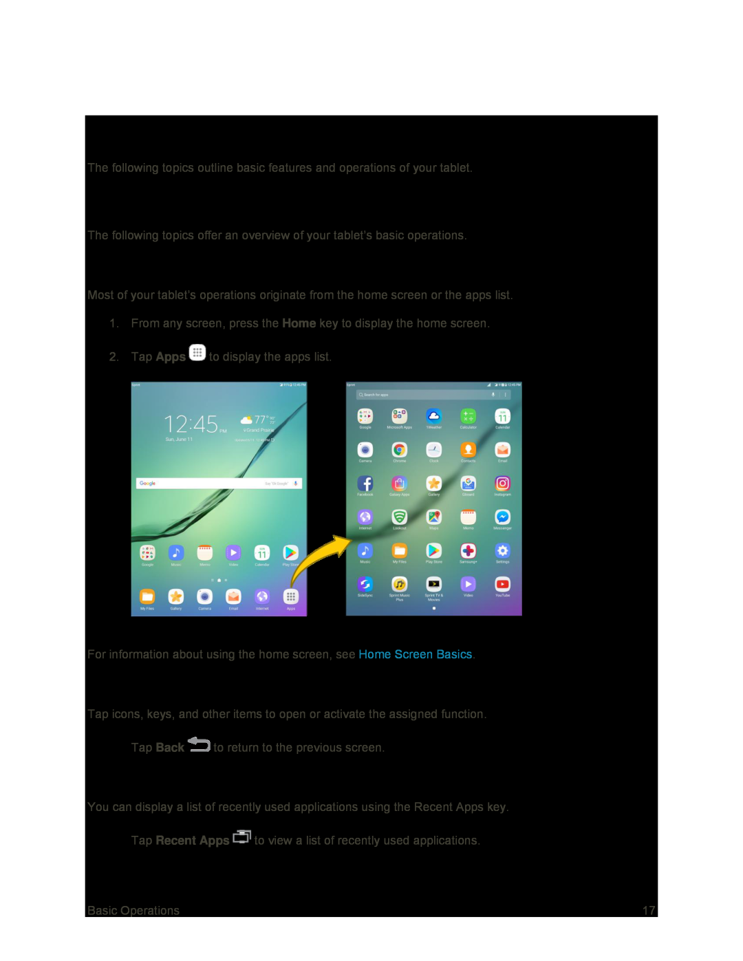 Home Screen and Applications (Apps) List Galaxy Tab S2 9.7 Sprint