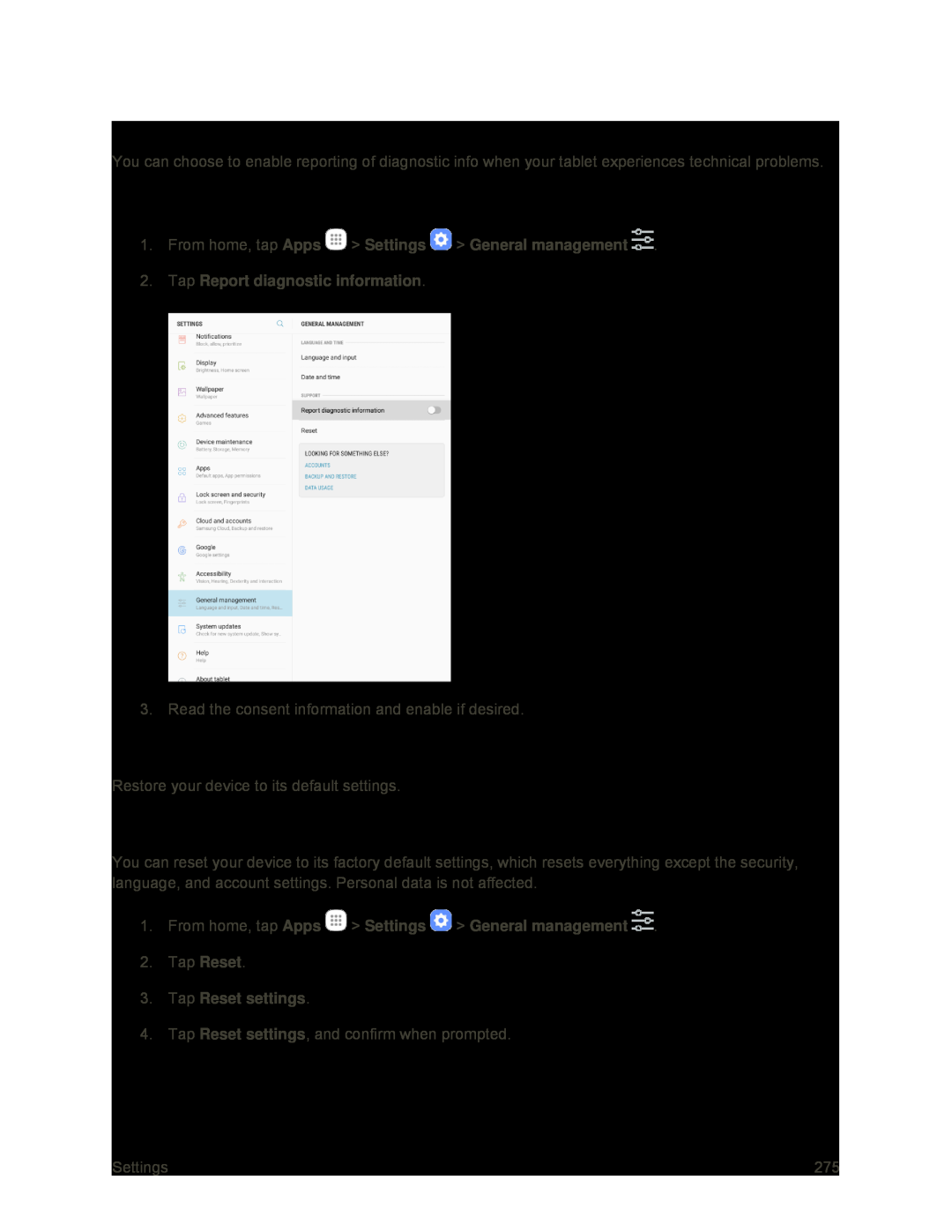 Enable Report Diagnostic Info Reset Settings