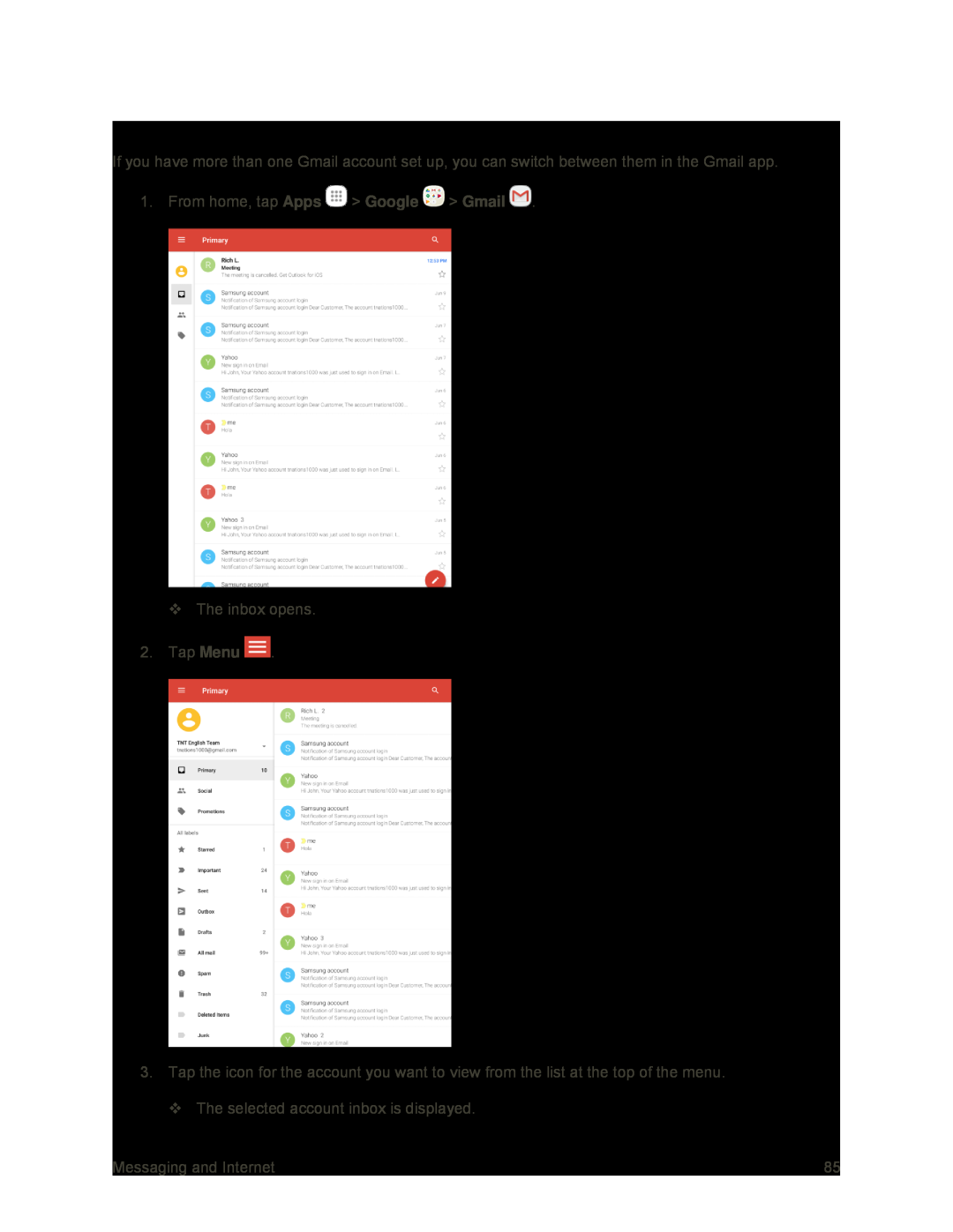 Switching Between Gmail Accounts Galaxy Tab S2 9.7 Sprint