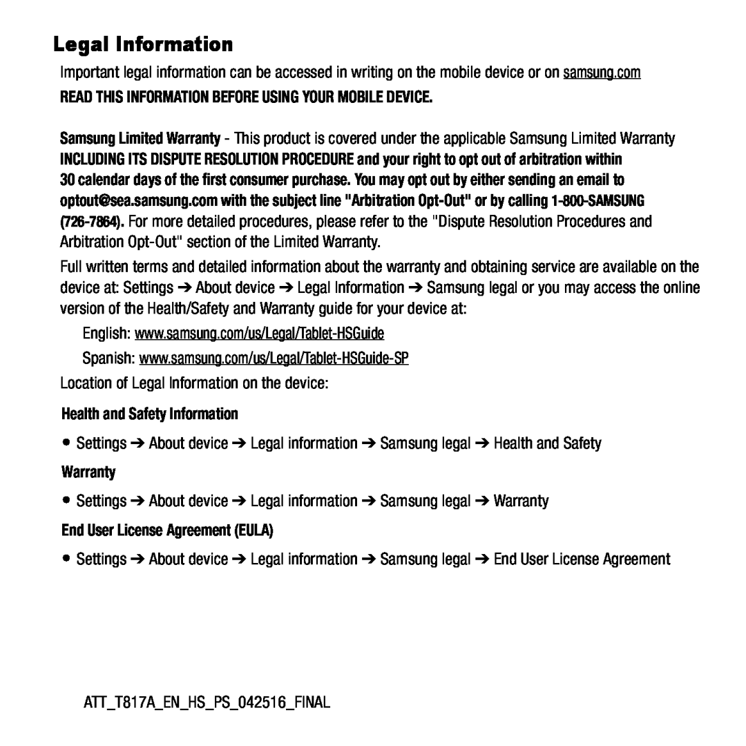Legal Information Galaxy Tab S2 9.7 AT&T