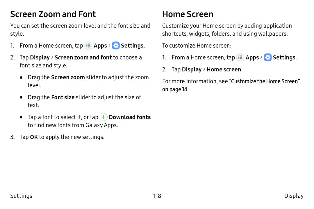 Screen Zoom and Font Home Screen