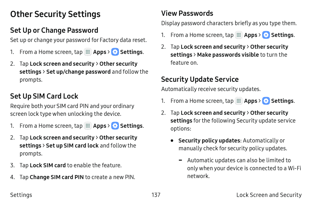 Set Up or Change Password Set Up SIM Card Lock