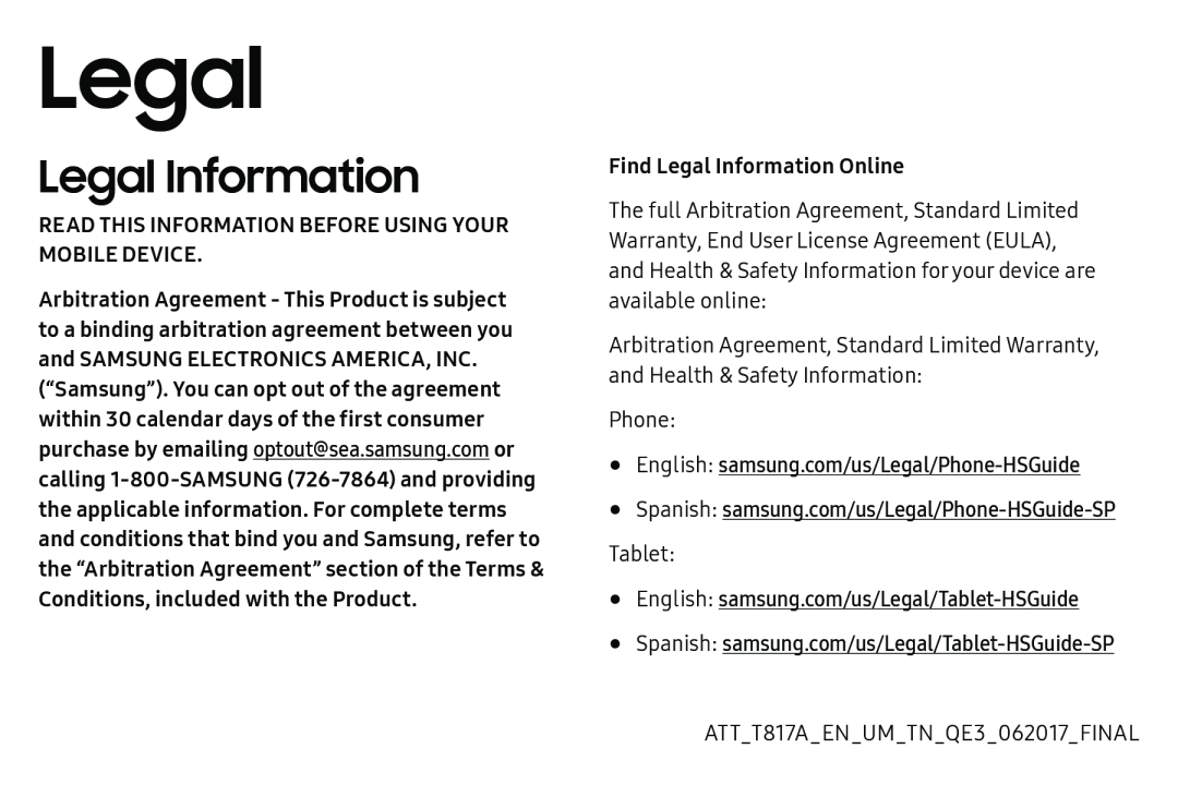 Legal Information Galaxy Tab S2 9.7 AT&T
