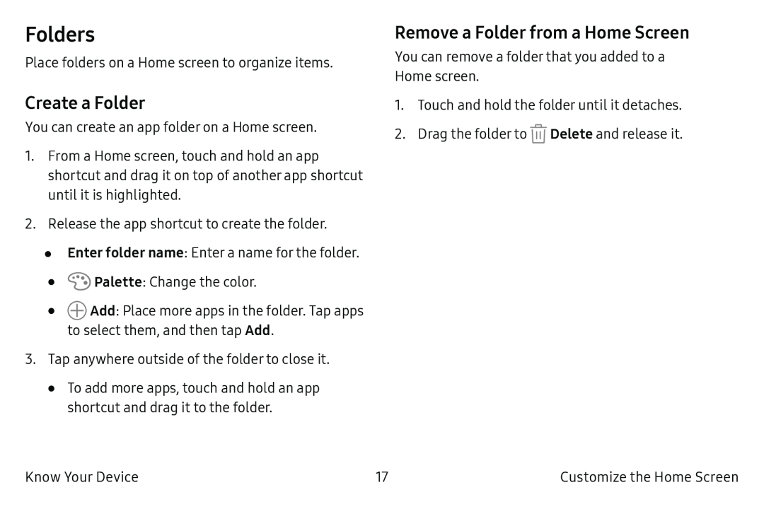 Create a Folder Remove a Folder from a Home Screen