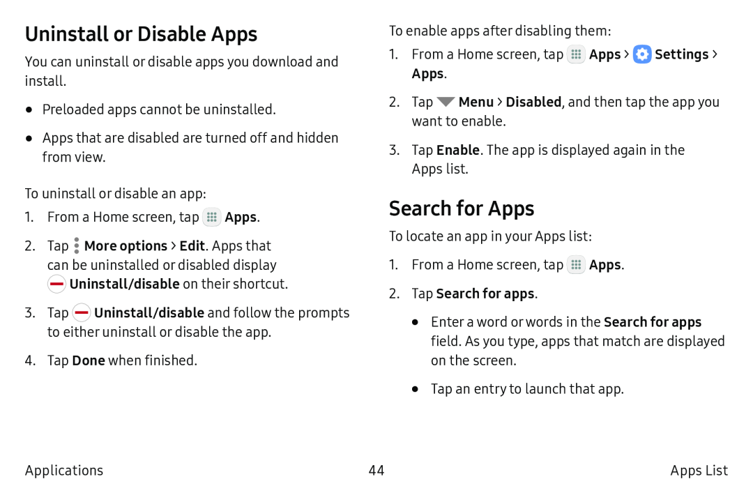 Uninstall or Disable Apps Search for Apps