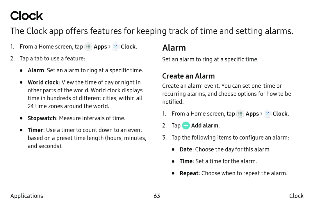 The Clock app offers features for keeping track of time and setting alarms Galaxy Tab S2 9.7 AT&T