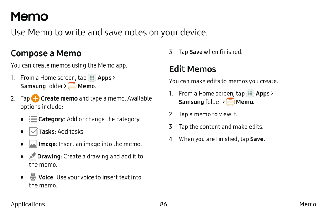 Use Memo to write and save notes on your device Galaxy Tab S2 9.7 AT&T