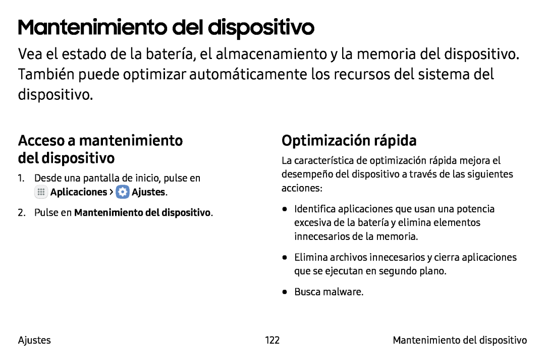 Acceso a mantenimiento del dispositivo Optimización rápida