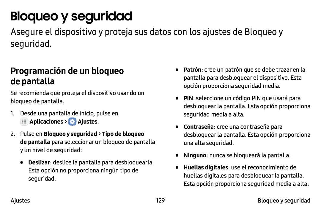 Programación de un bloqueo de pantalla Bloqueo y seguridad