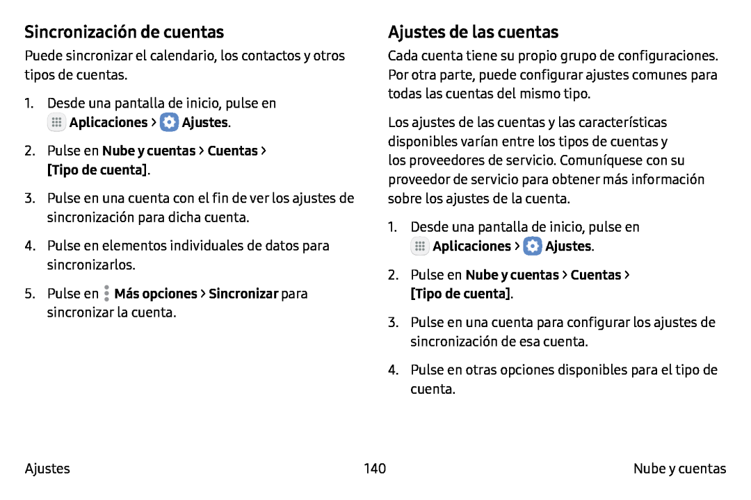 Sincronización de cuentas Ajustes de las cuentas