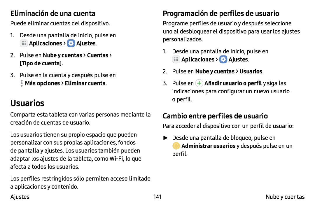 Eliminación de una cuenta Programación de perfiles de usuario