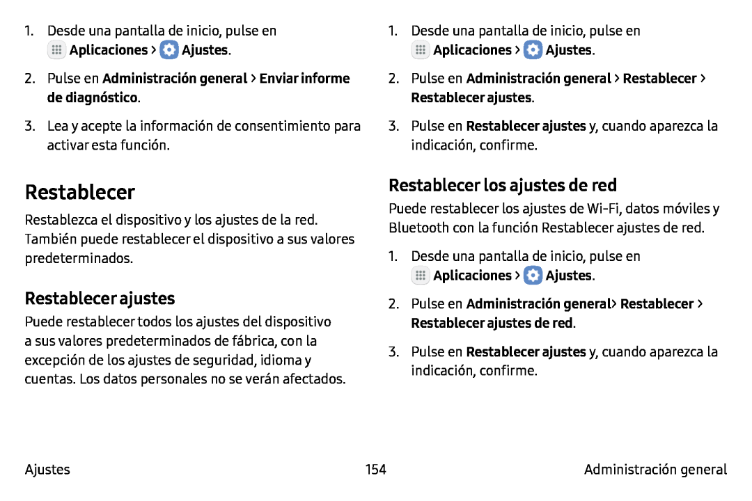 Restablecer ajustes Restablecer los ajustes de red