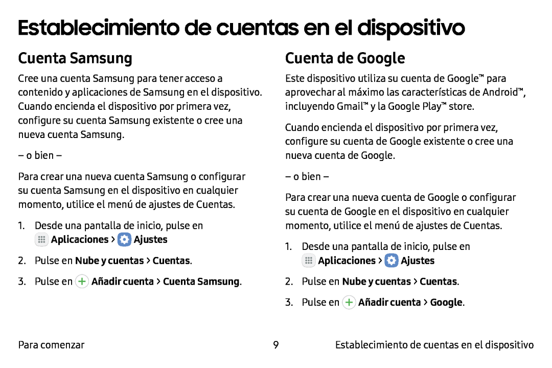 Establecimiento de cuentas en el dispositivo Galaxy Tab S2 9.7 T-Mobile