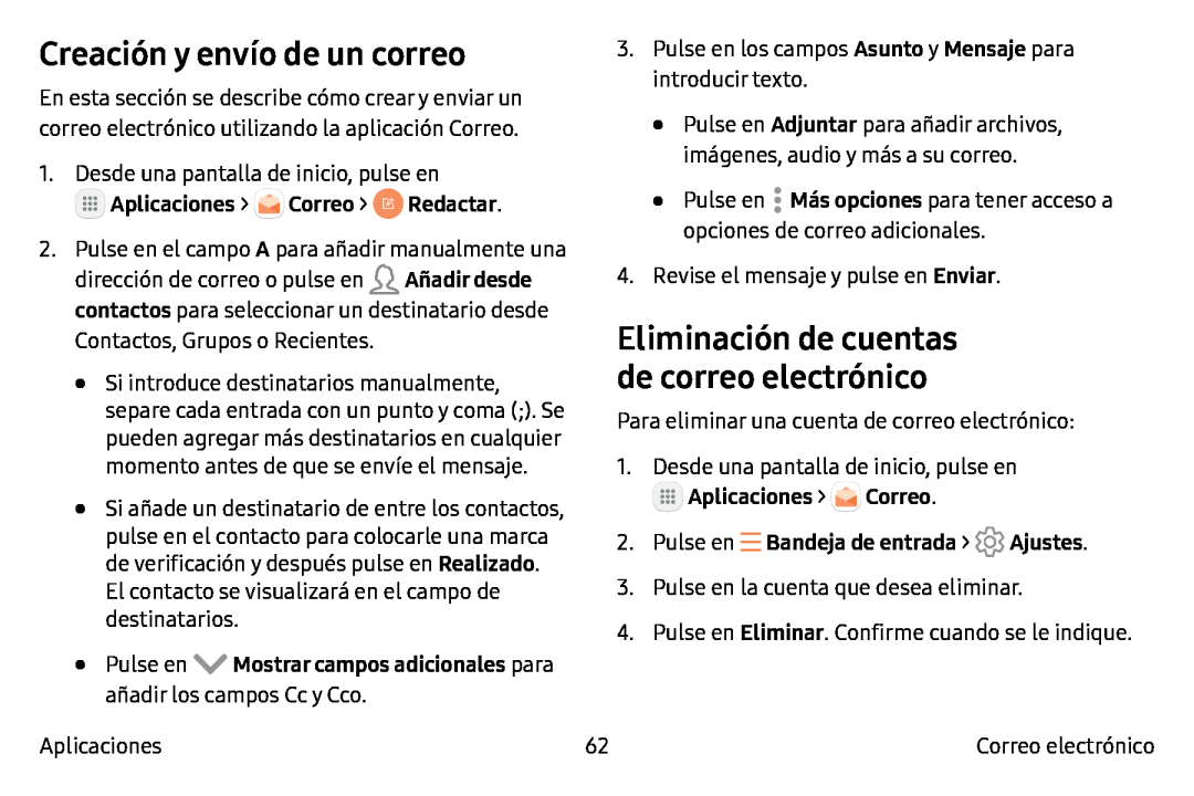 Eliminación de cuentas de correo electrónico Creación y envío de un correo