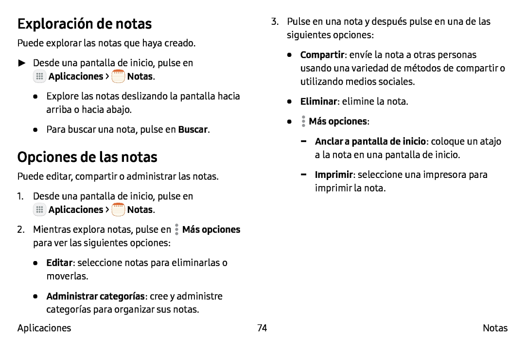 Exploración de notas Opciones de las notas