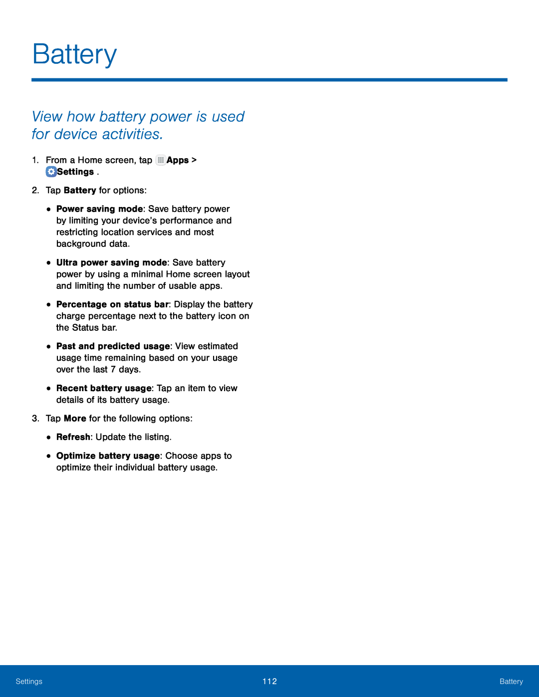 View how battery power is used for device activities Battery