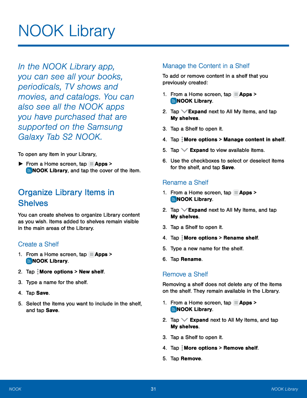 Manage the Content in a Shelf Galaxy Tab S2 8.0 NOOK Wi-Fi