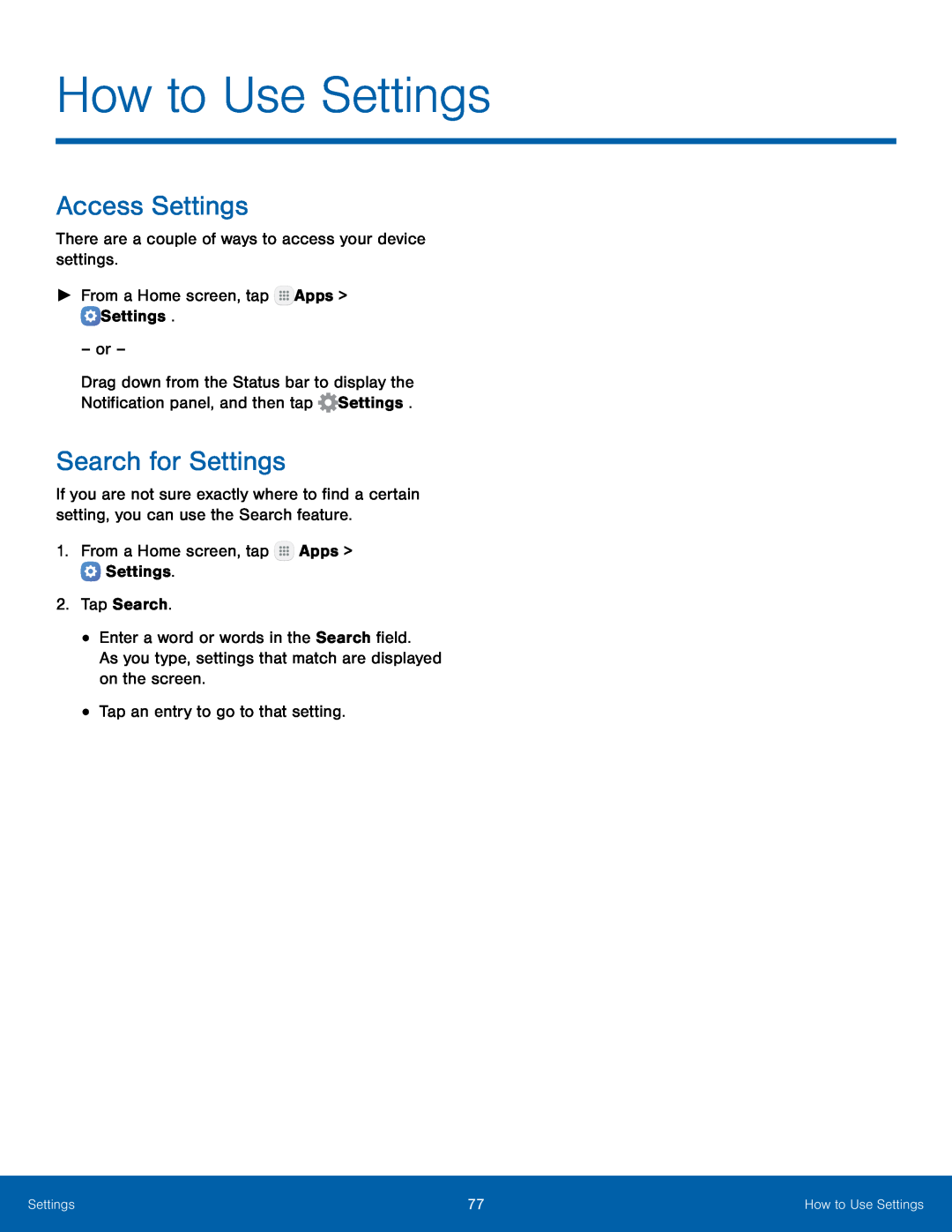 Access Settings Search for Settings