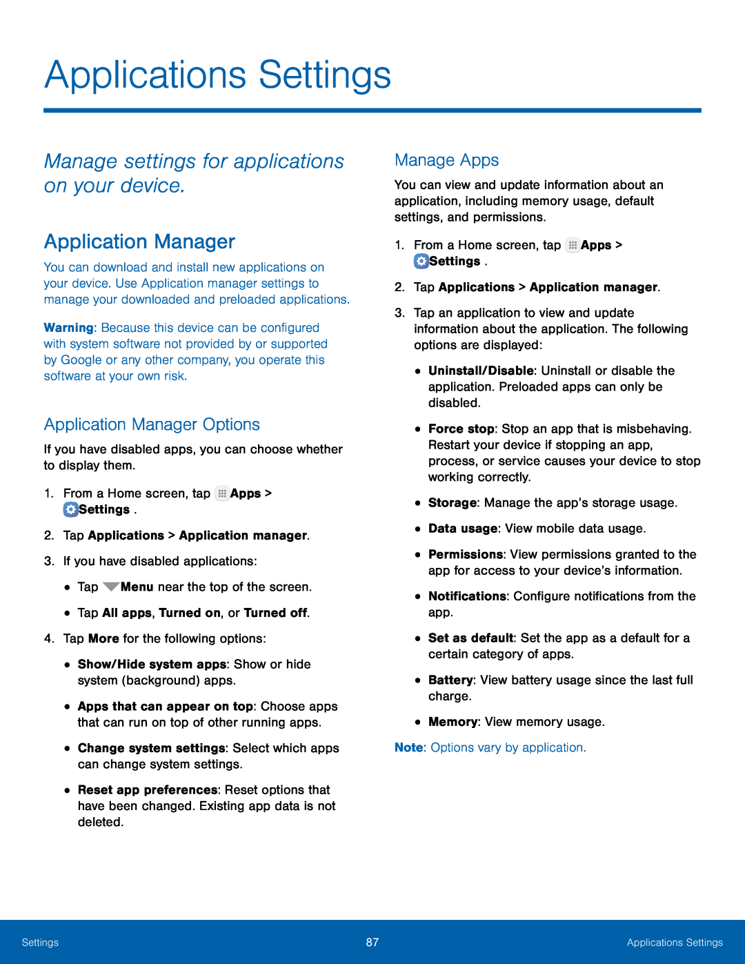 Application Manager Options Manage Apps