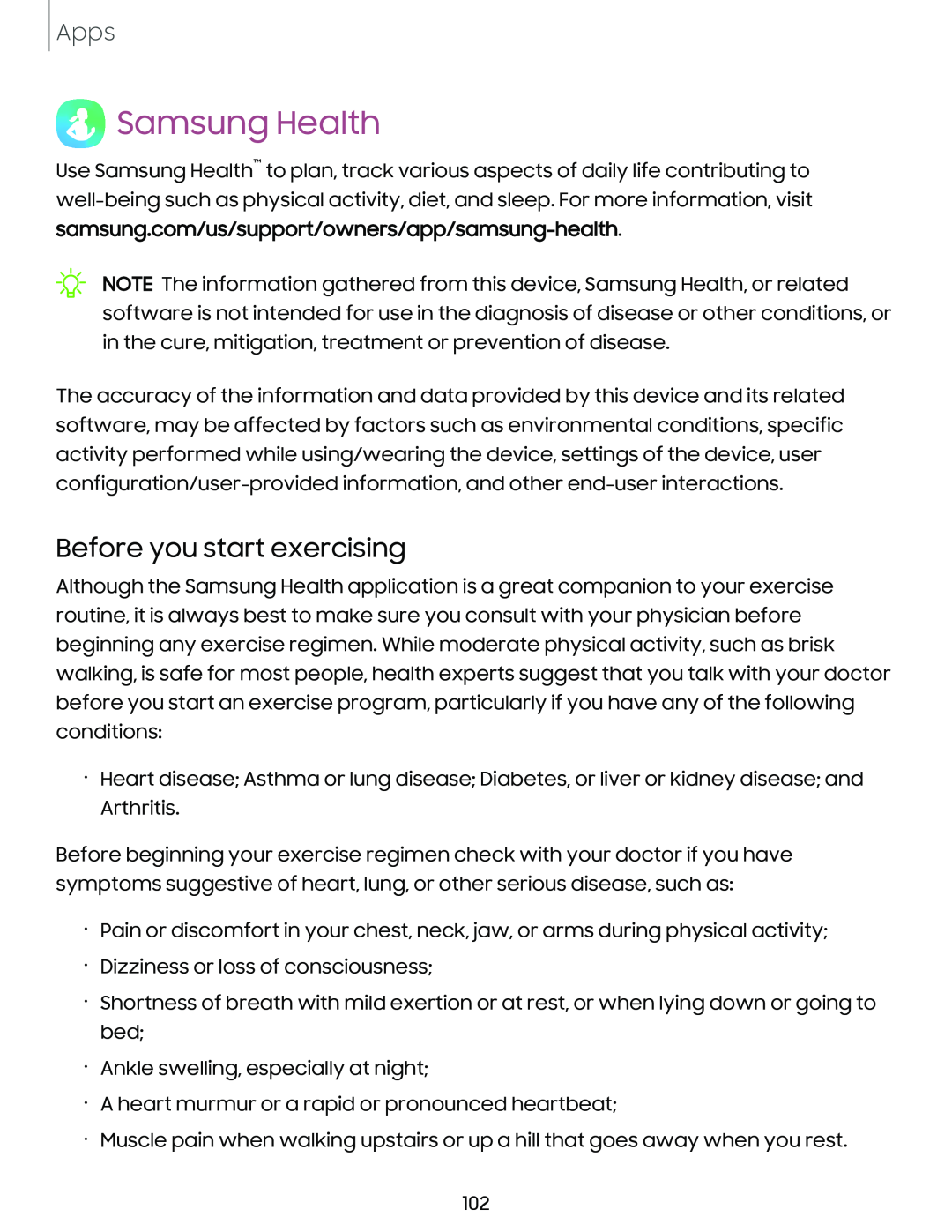 Before you start exercising Samsung Health
