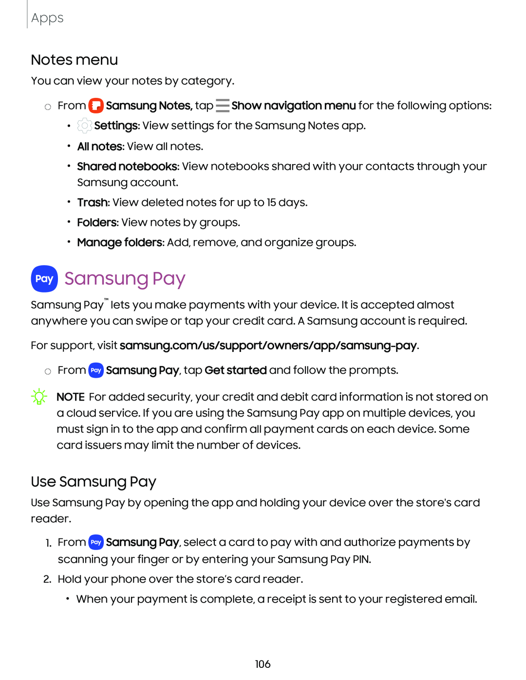 Notes menu Galaxy S10 AT&T