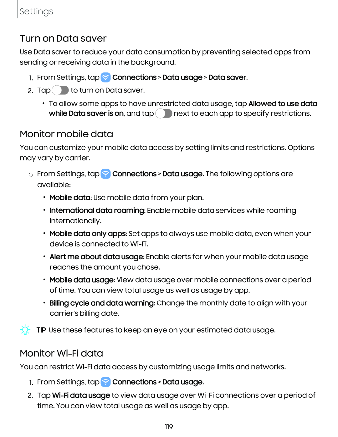 Turn on Data saver Monitor mobile data