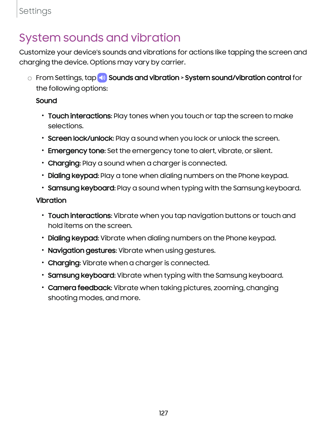 System sounds and vibration Galaxy S10 AT&T