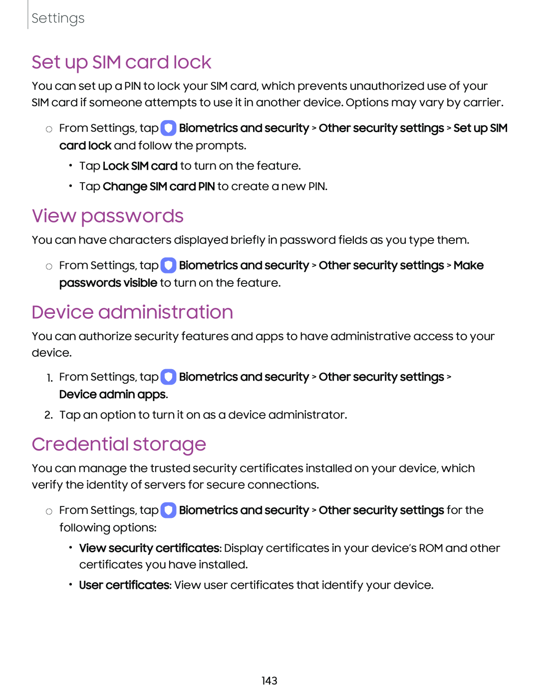 Set up SIM card lock View passwords