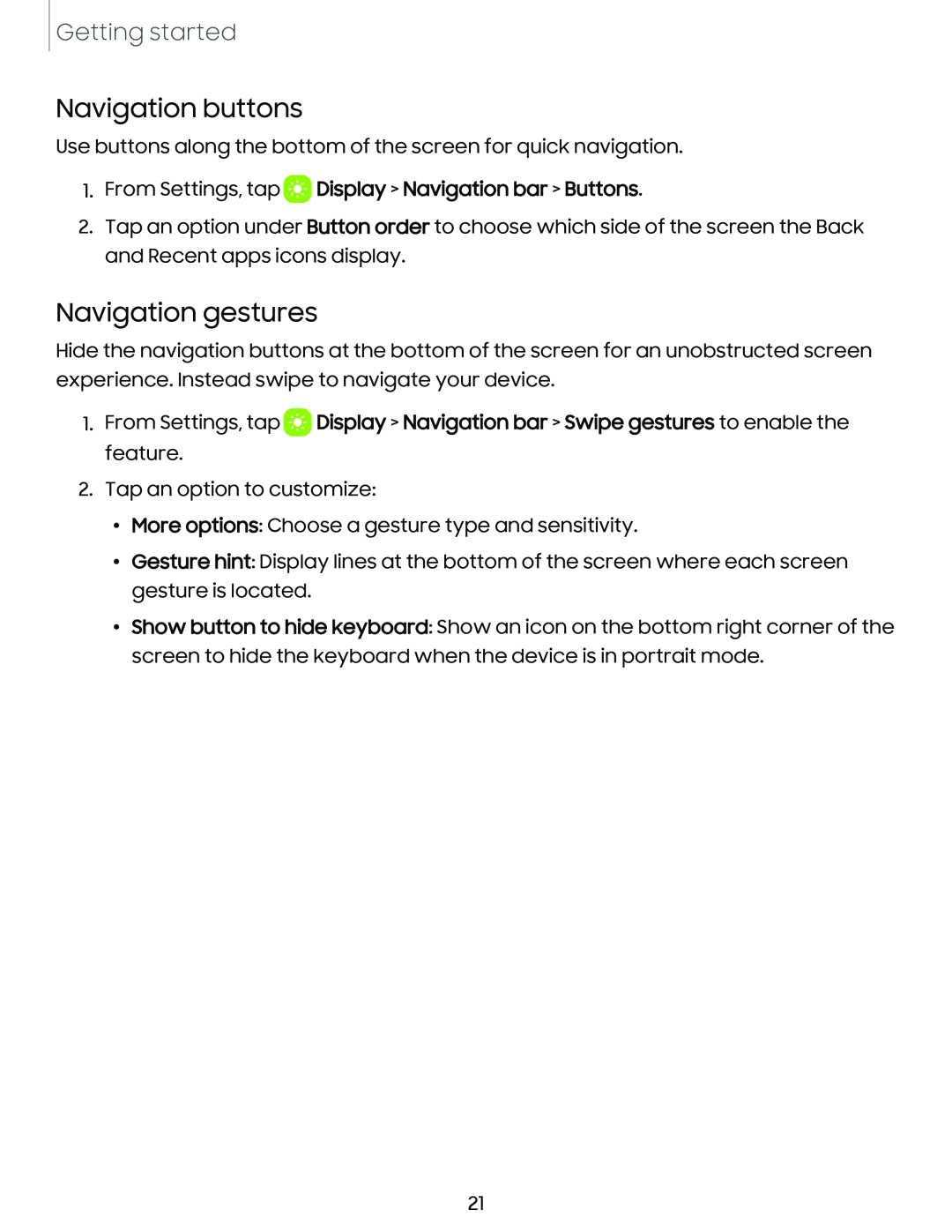 Navigation gestures Galaxy S10 AT&T