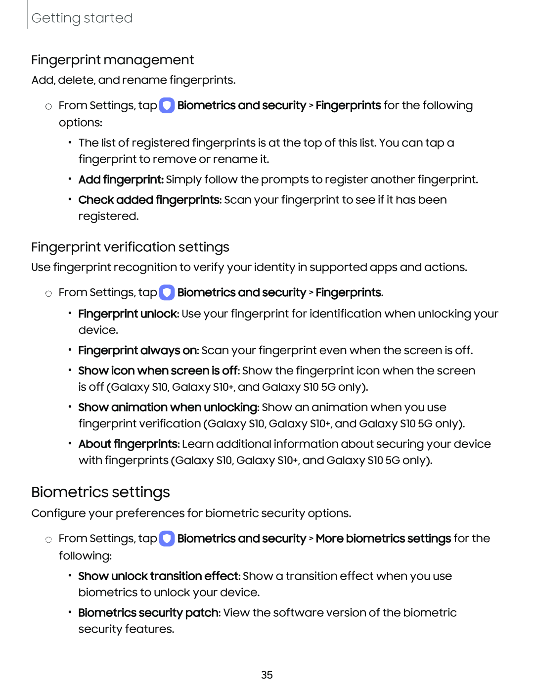 Biometrics settings Galaxy S10 AT&T