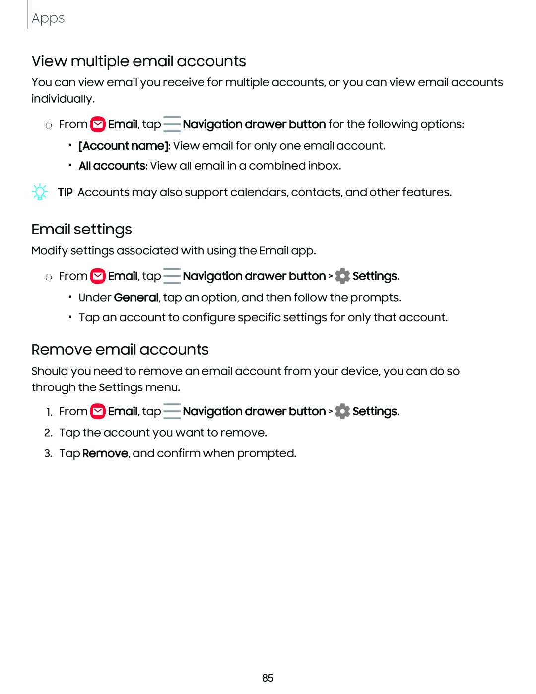 View multiple email accounts Email settings