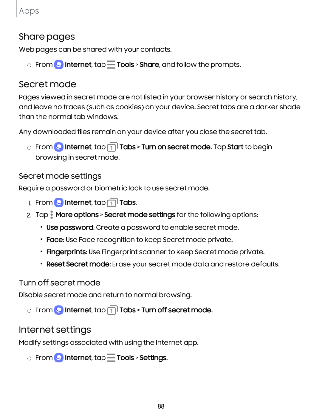 Secret mode settings Turn off secret mode