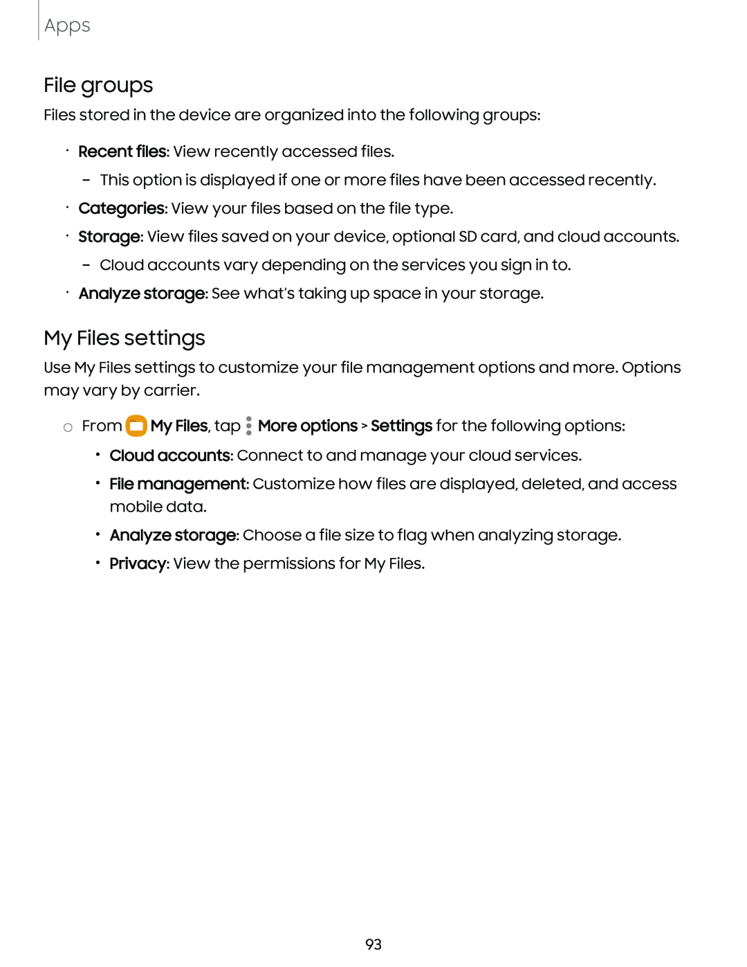 File groups My Files settings