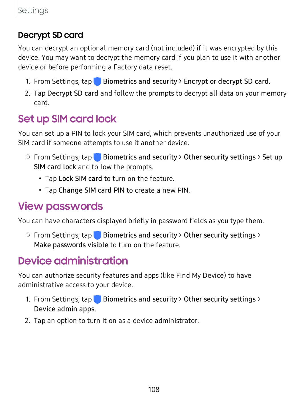 Decrypt SD card Set up SIM card lock