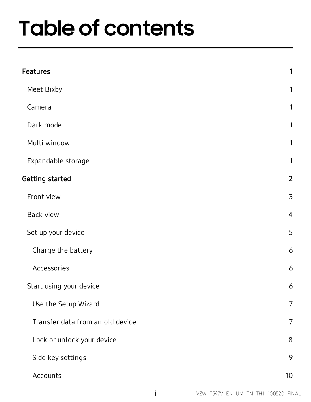 Table of contents Galaxy Tab A 10.5 Verizon