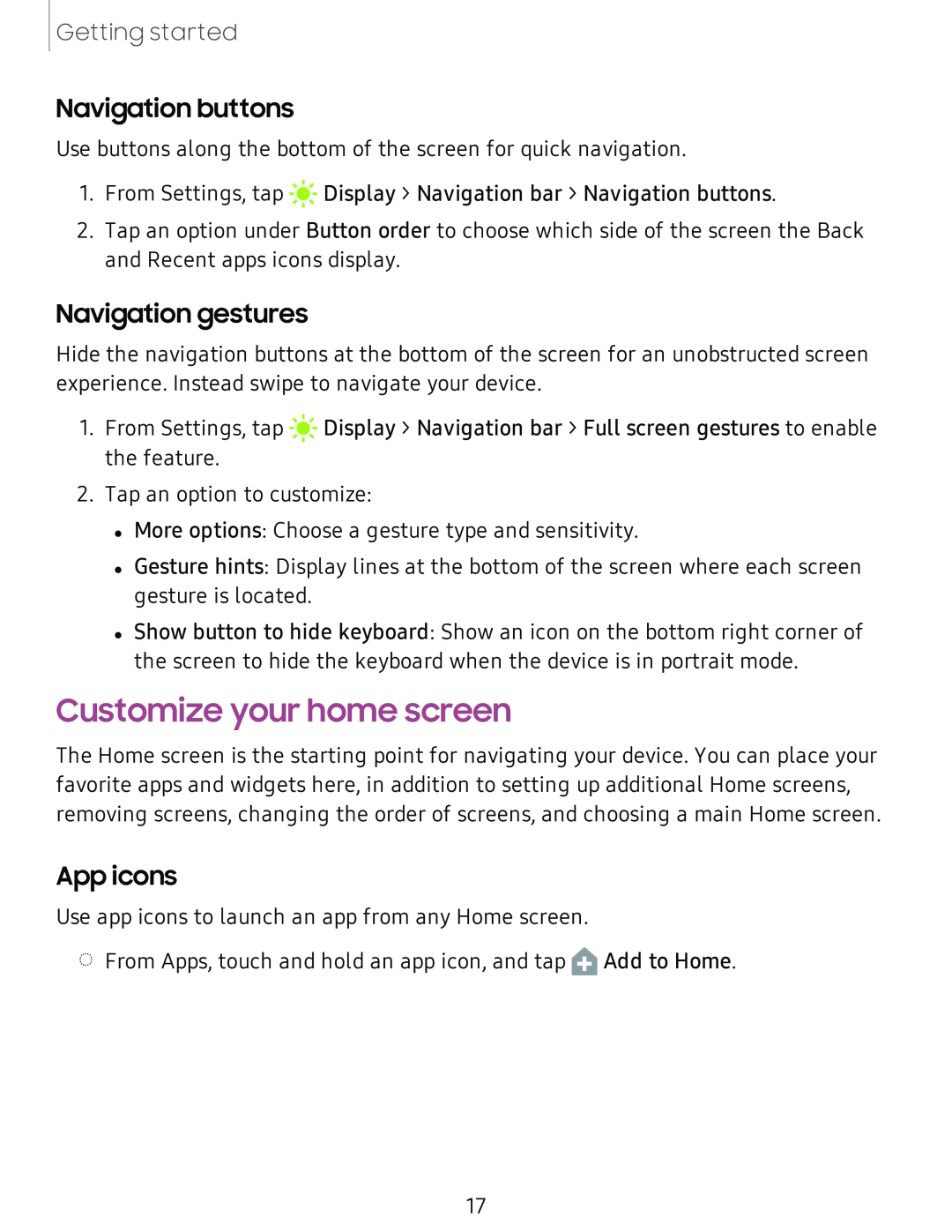 Navigation gestures Galaxy Tab A 10.5 Verizon