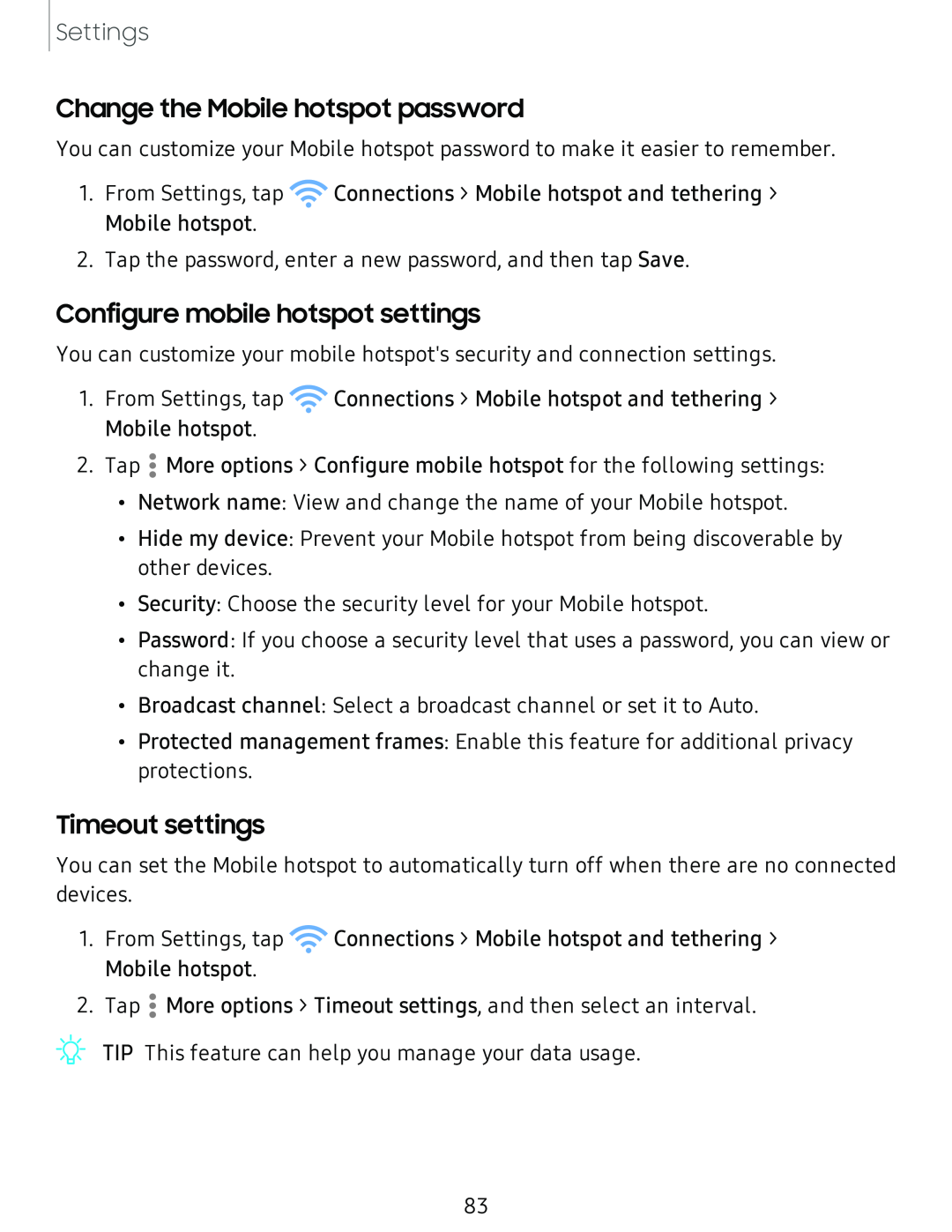 Change the Mobile hotspot password Configure mobile hotspot settings