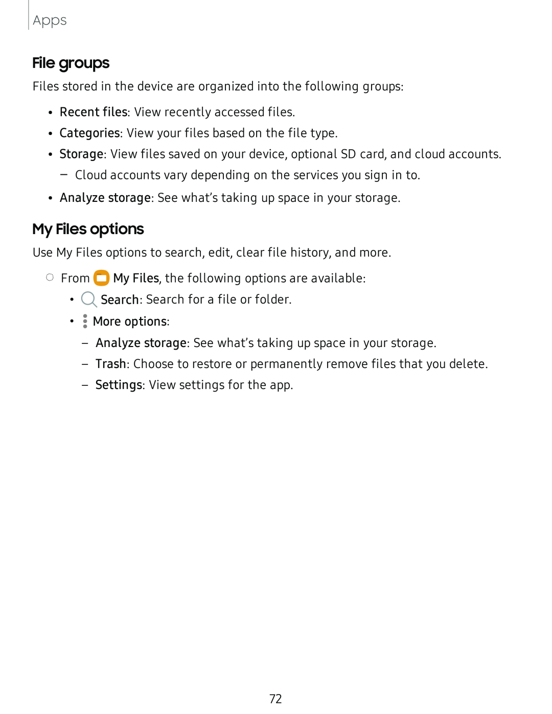 File groups My Files options