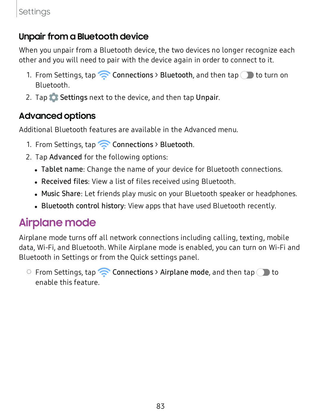 Unpair from a Bluetooth device Advanced options