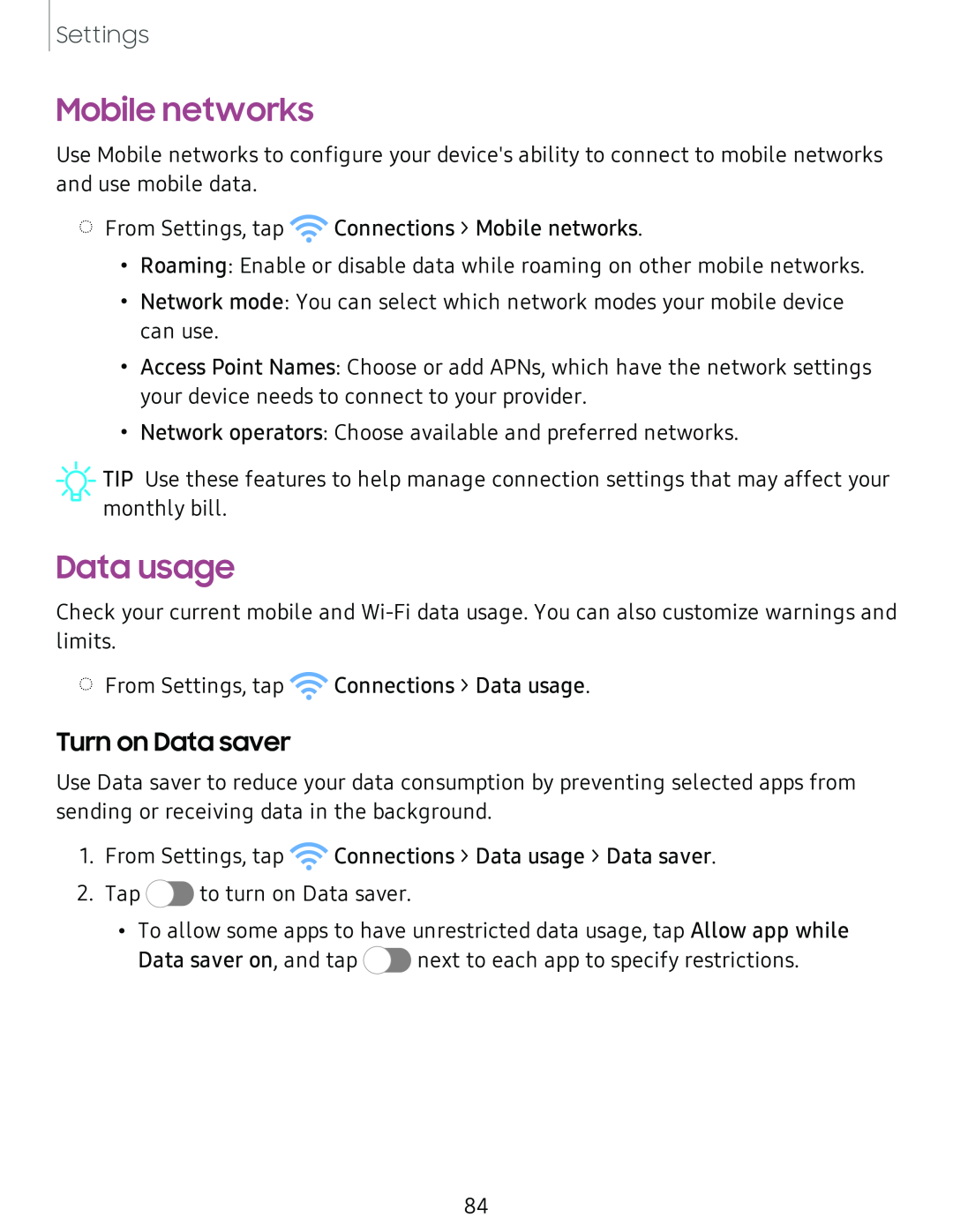 Turn on Data saver Mobile networks